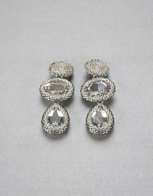 Beaded Bazeled Crystal Cabochon Clip-On Earrings in silver