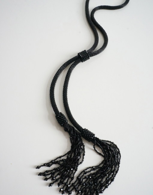 Black Crochet Tassel Lariat with adjustable slider