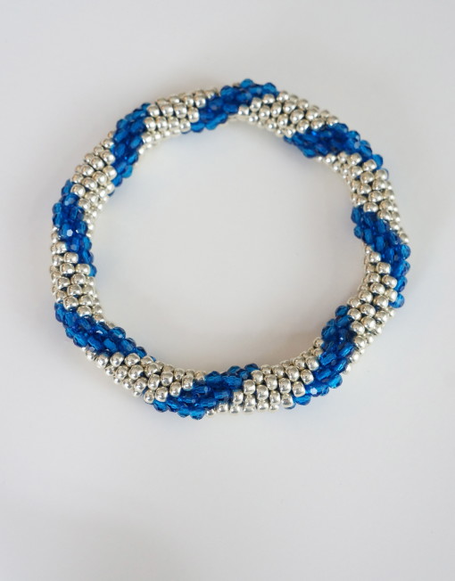 Blue:Silver Spiral Stripe  Roll On Crochet Bracelet